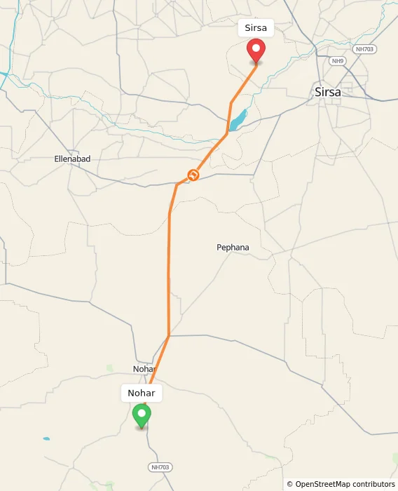 Route map showing distance and travel time from Nohar, India to Sirsa, India