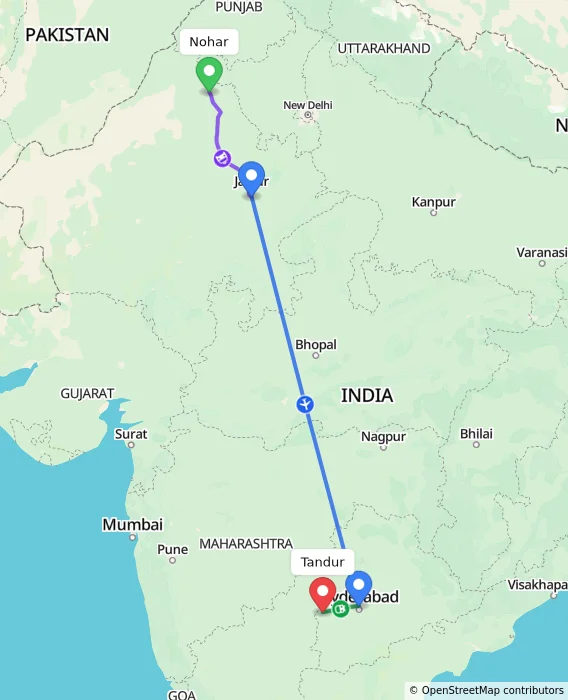 Route map showing distance and travel time from Nohar, India to Tandur, India
