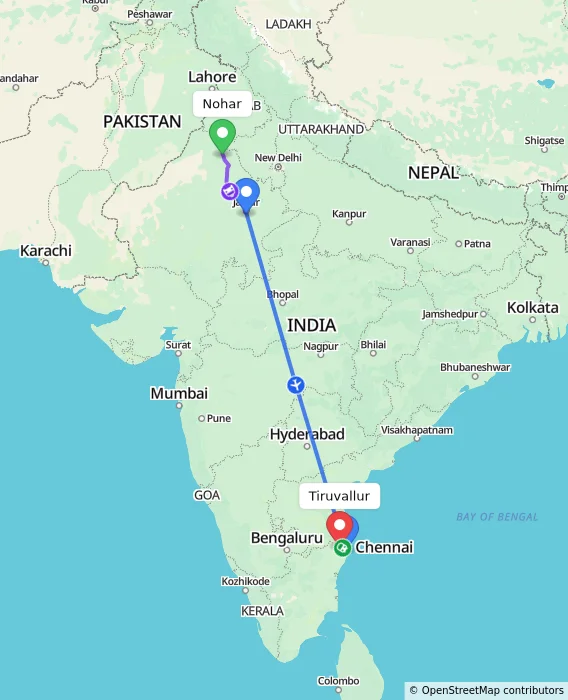 Route map showing distance and travel time from Nohar, India to Tiruvallur, India