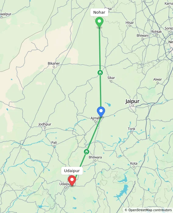 Route map showing distance and travel time from Nohar, India to Udaipur, India