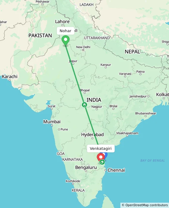 Route map showing distance and travel time from Nohar, India to Venkatagiri, India
