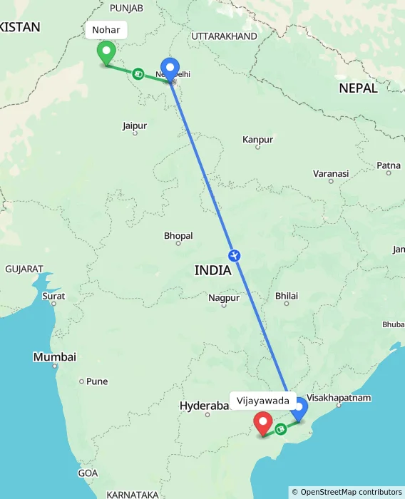 Route map showing distance and travel time from Nohar, India to Vijayawada, India