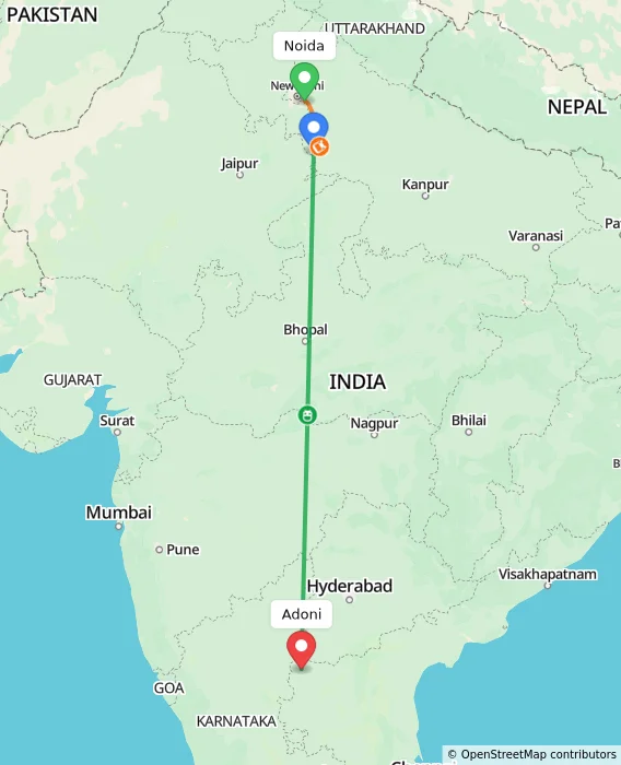 Route map showing distance and travel time from Noida, India to Adoni, India