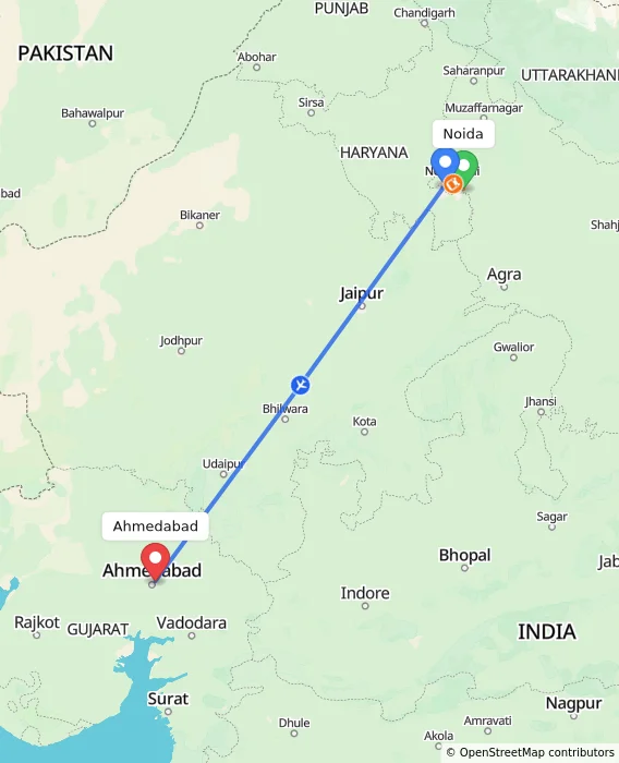 Route map showing distance and travel time from Noida, India to Ahmedabad, India