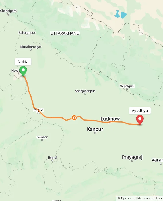 Route map showing distance and travel time from Noida, India to Ayodhya, India