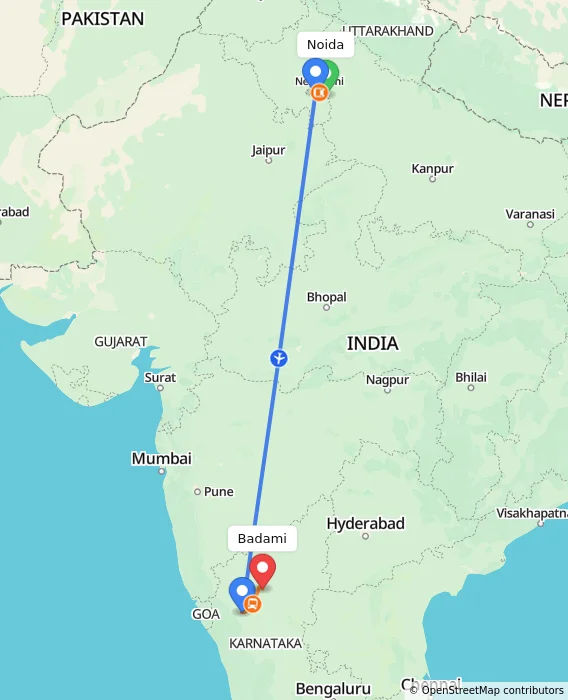 Route map showing distance and travel time from Noida, India to Badami, India