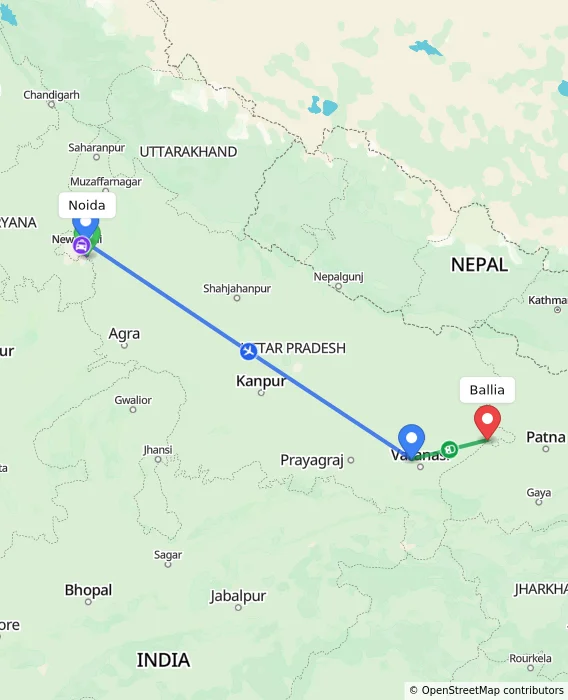 Route map showing distance and travel time from Noida, India to Ballia, India