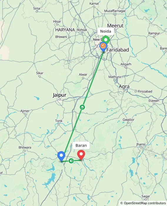 Route map showing distance and travel time from Noida, India to Baran, India