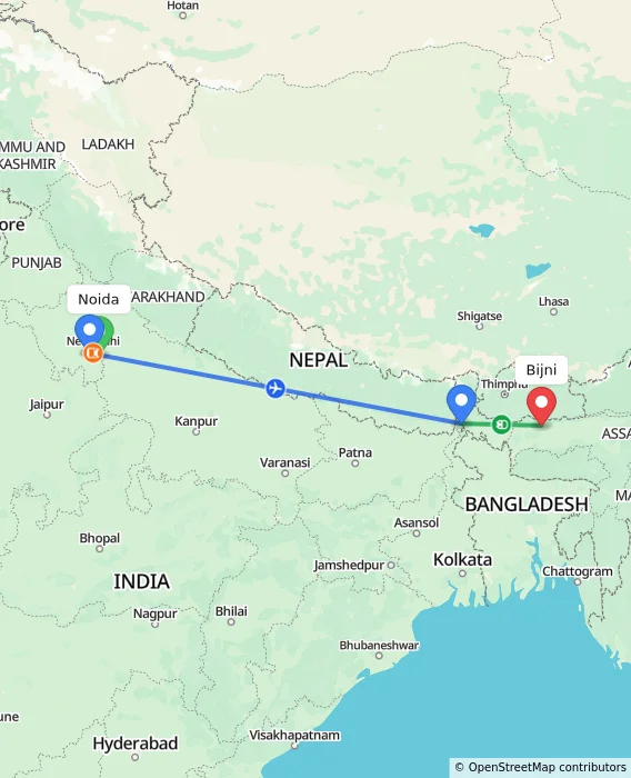 Route map showing distance and travel time from Noida, India to Bijni, India