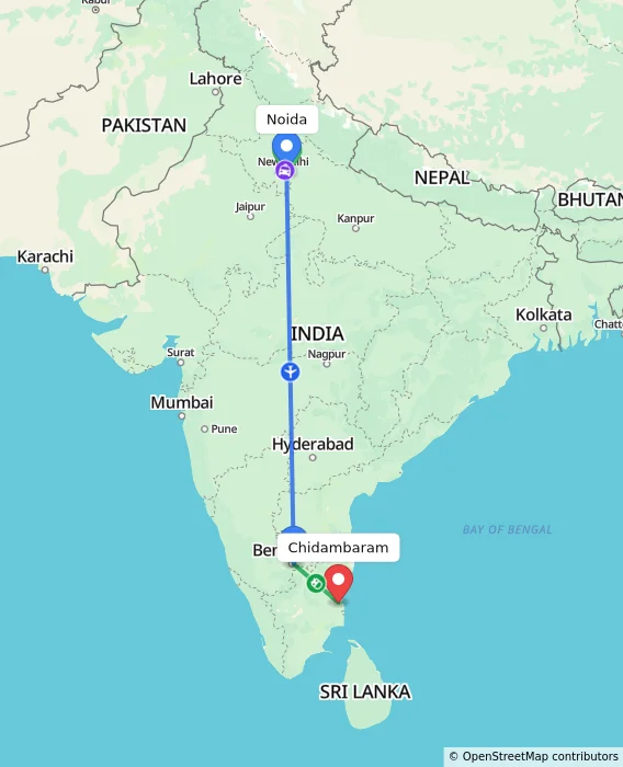 Route map showing distance and travel time from Noida, India to Chidambaram, India