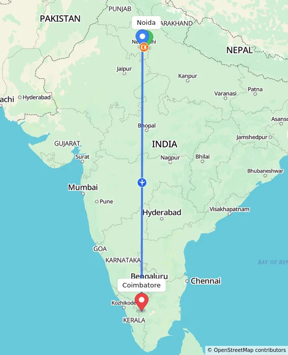 Route map showing distance and travel time from Noida, India to Coimbatore, India