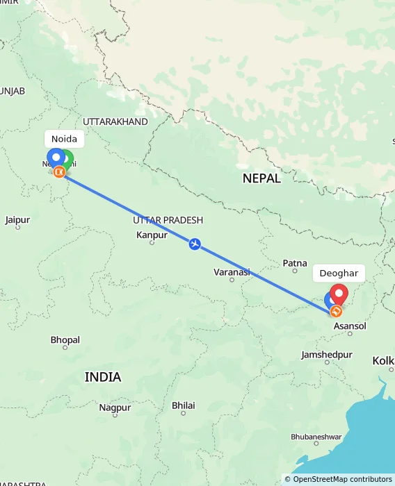 Route map showing distance and travel time from Noida, India to Deoghar, India