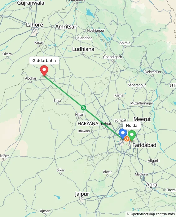 Route map showing distance and travel time from Noida, India to Giddarbaha, India
