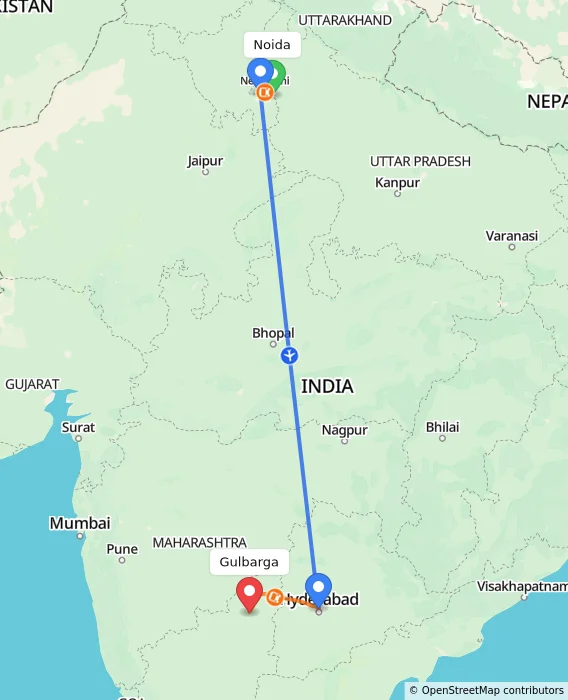 Route map showing distance and travel time from Noida, India to Gulbarga, India
