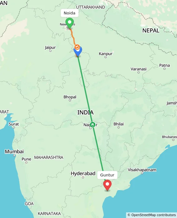 Route map showing distance and travel time from Noida, India to Guntur, India
