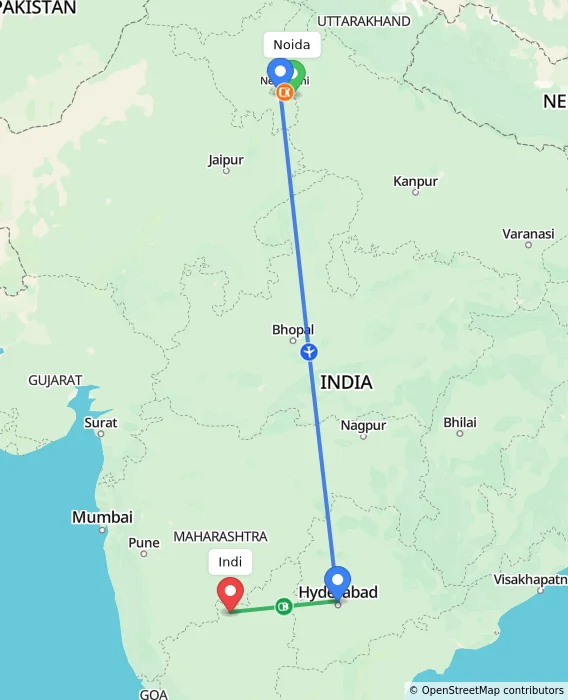 Route map showing distance and travel time from Noida, India to Indi, India