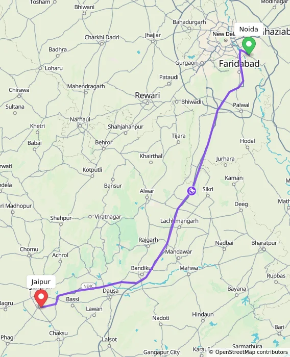 Route map showing distance and travel time from Noida, India to Jaipur, India