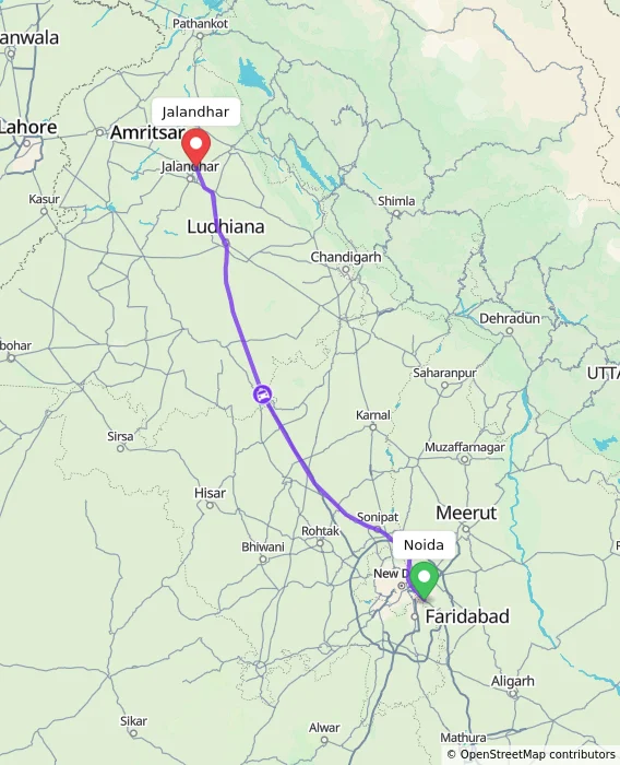 Route map showing distance and travel time from Noida, India to Jalandhar, India