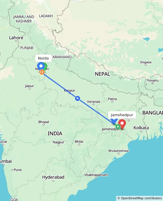 Route map showing distance and travel time from Noida, India to Jamshedpur, India