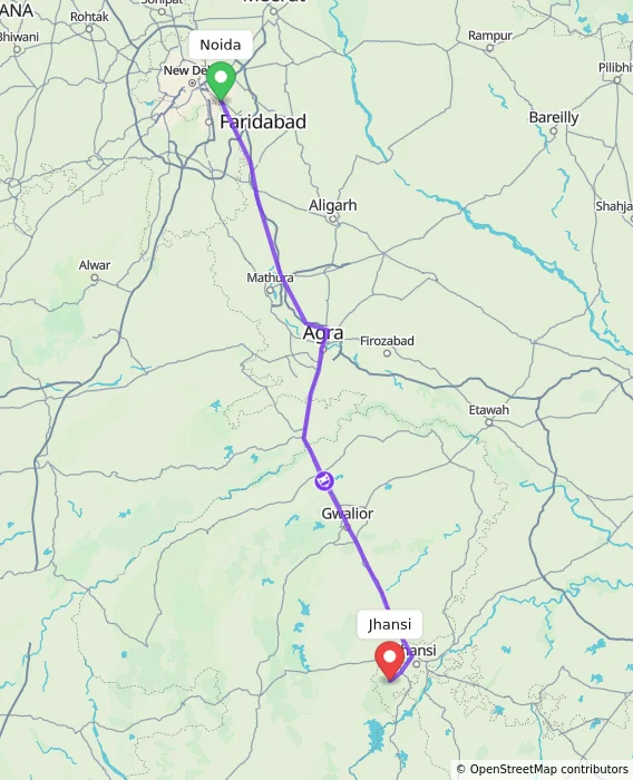 Route map showing distance and travel time from Noida, India to Jhansi, India