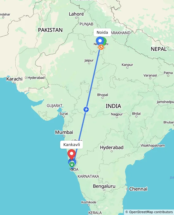 Route map showing distance and travel time from Noida, India to Kankavli, India