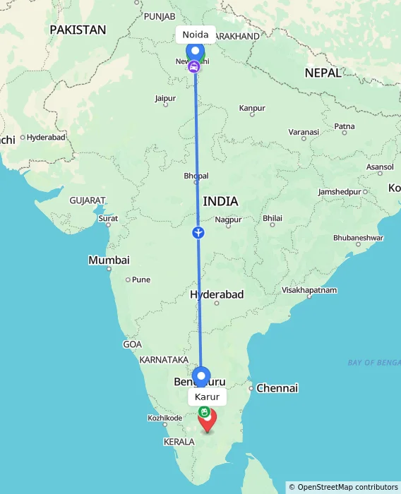 Route map showing distance and travel time from Noida, India to Karur, India