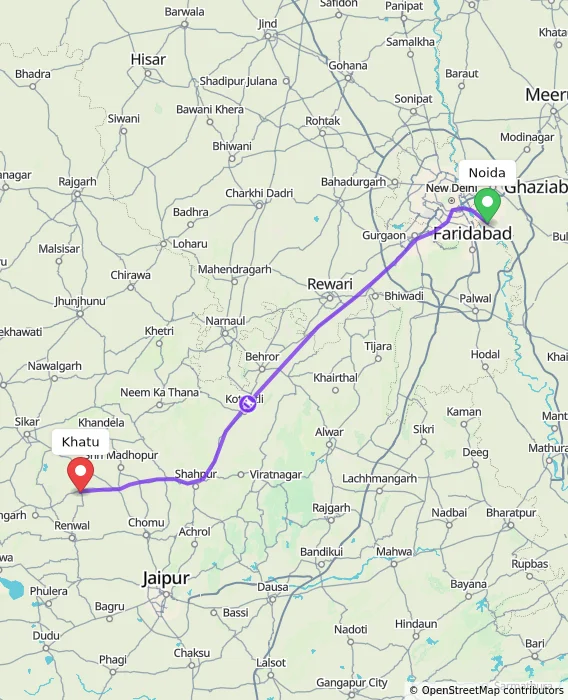 Route map showing distance and travel time from Noida, India to Khatu, India