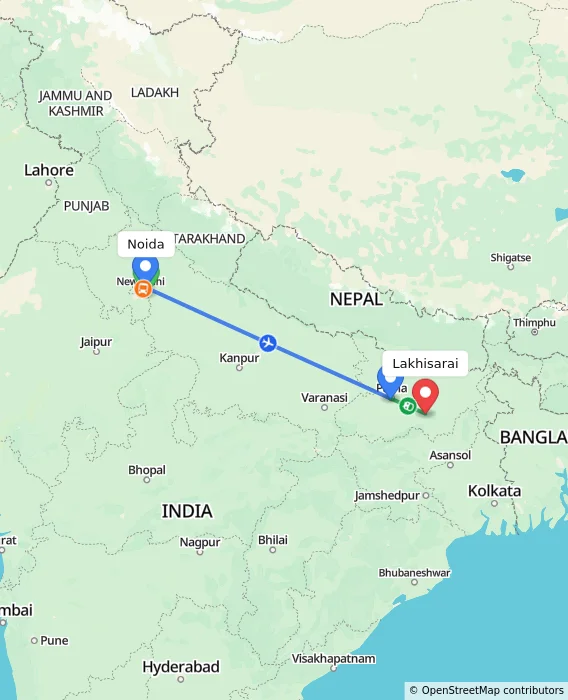 Route map showing distance and travel time from Noida, India to Lakhisarai, India