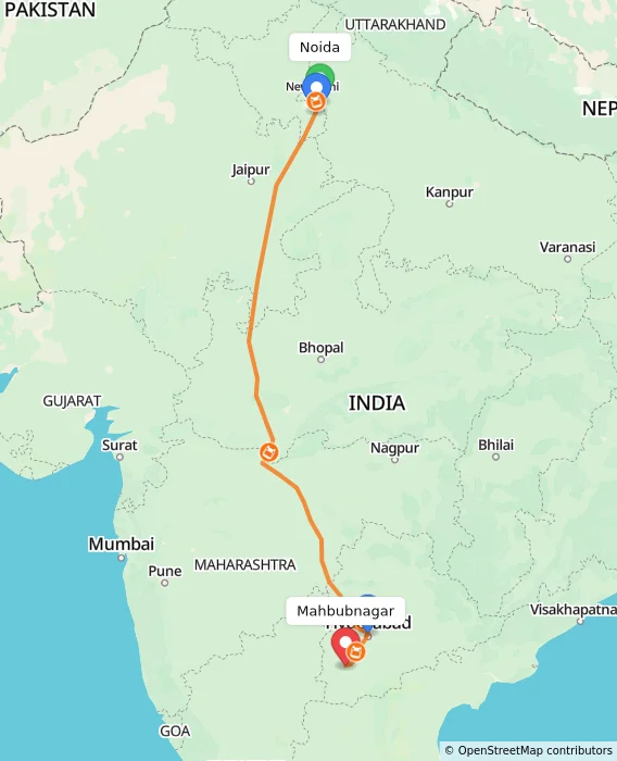 Route map showing distance and travel time from Noida, India to Mahbubnagar, India
