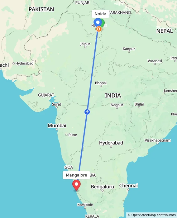 Route map showing distance and travel time from Noida, India to Mangalore, India