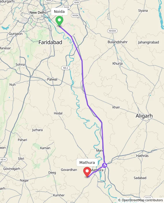 Route map showing distance and travel time from Noida, India to Mathura, India