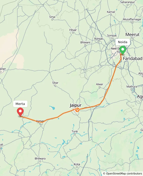 Route map showing distance and travel time from Noida, India to Merta, India