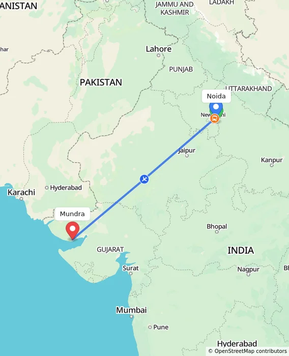Route map showing distance and travel time from Noida, India to Mundra, India