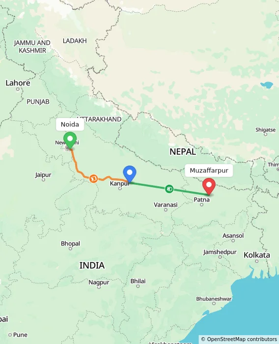 Route map showing distance and travel time from Noida, India to Muzaffarpur, India