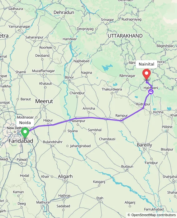 Route map showing distance and travel time from Noida, India to Nainital, India