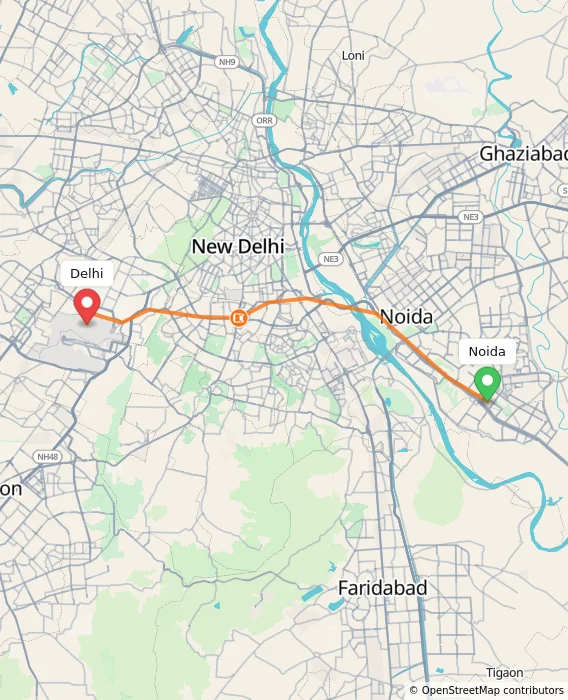 Route map showing distance and travel time from Noida, India to Delhi, India