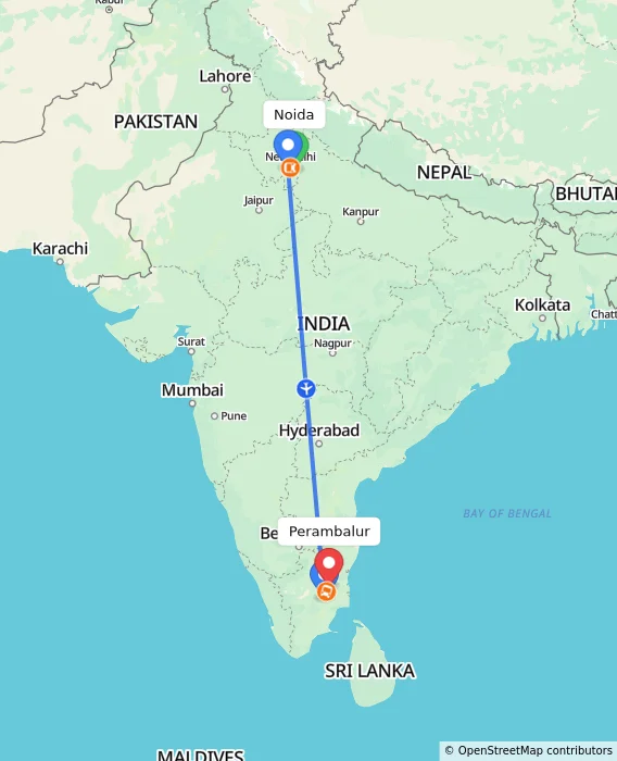 Route map showing distance and travel time from Noida, India to Perambalur, India