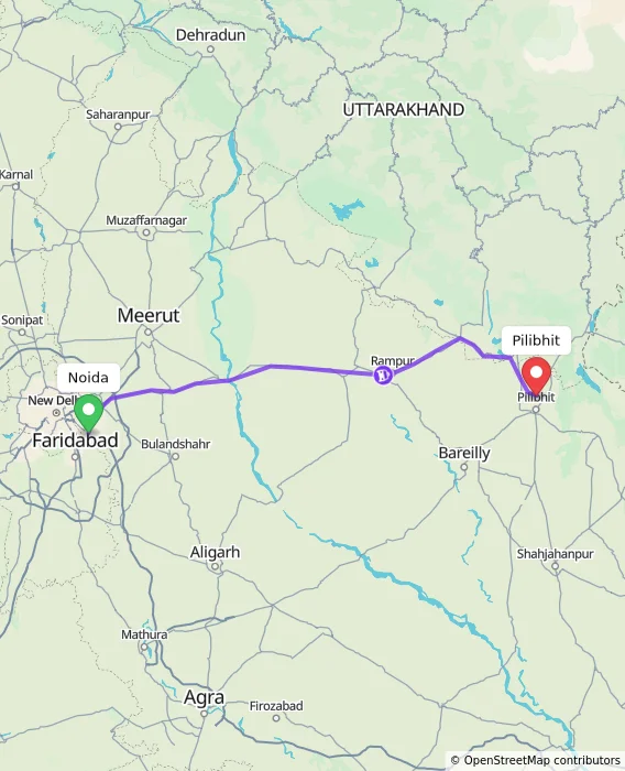 Route map showing distance and travel time from Noida, India to Pilibhit, India