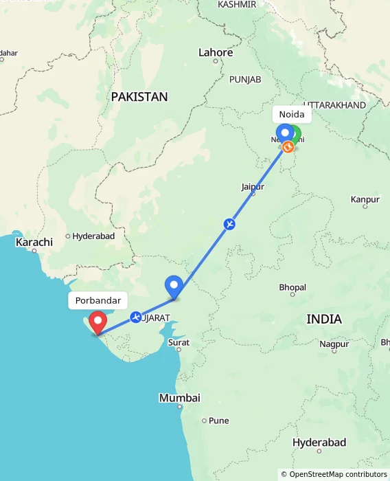 Route map showing distance and travel time from Noida, India to Porbandar, India