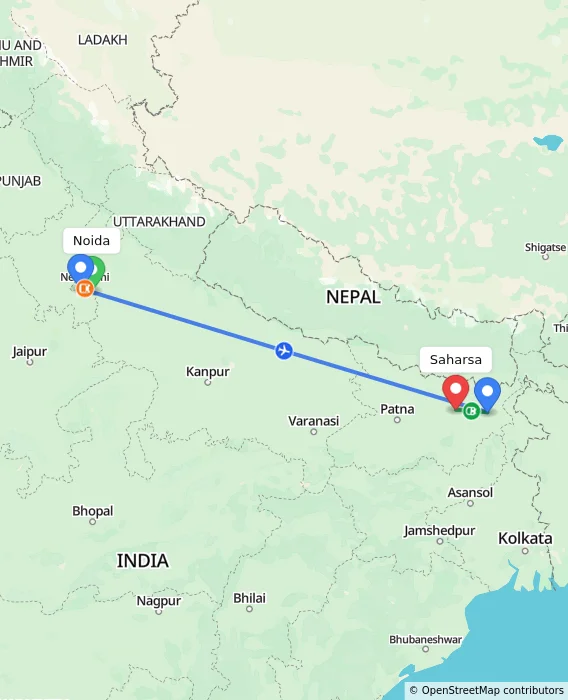 Route map showing distance and travel time from Noida, India to Saharsa, India