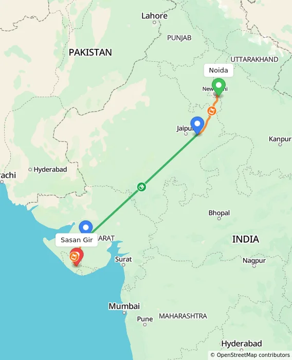 Route map showing distance and travel time from Noida, India to Sasan Gir, India