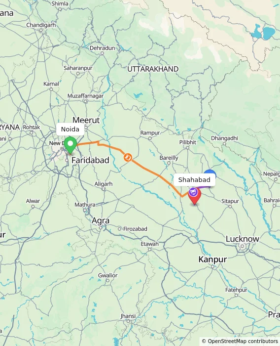Route map showing distance and travel time from Noida, India to Shahabad, India