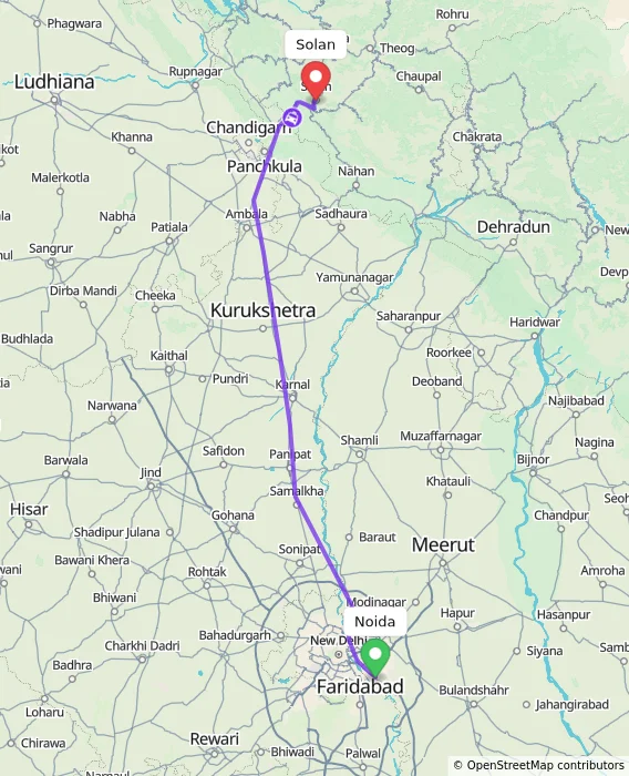 Route map showing distance and travel time from Noida, India to Solan, India