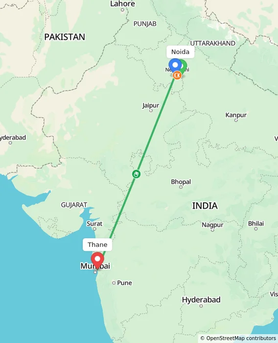 Route map showing distance and travel time from Noida, India to Thane, India