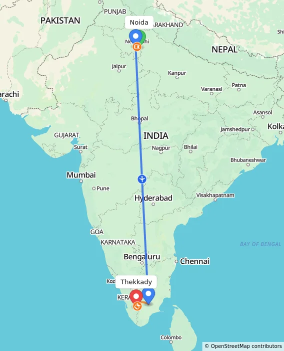 Route map showing distance and travel time from Noida, India to Thekkady, India