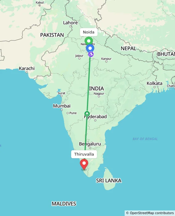 Route map showing distance and travel time from Noida, India to Thiruvalla, India