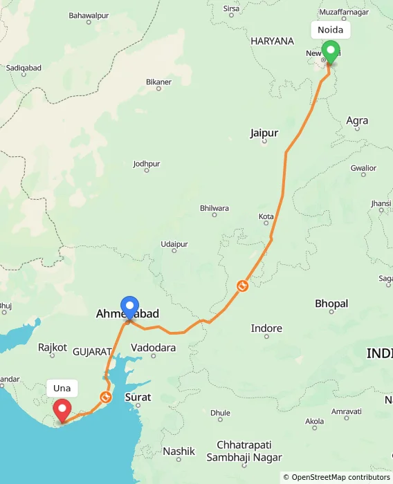Route map showing distance and travel time from Noida, India to Una, India