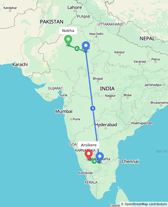 Route map showing distance and travel time from Nokha, India to Arsikere, India