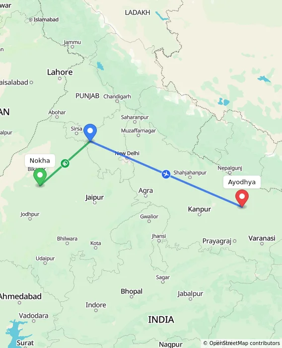 Route map showing distance and travel time from Nokha, India to Ayodhya, India