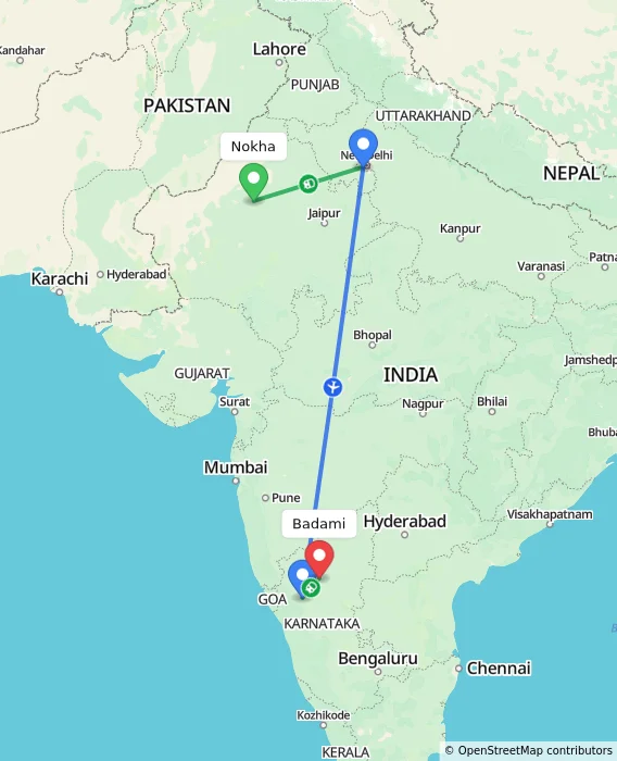 Route map showing distance and travel time from Nokha, India to Badami, India